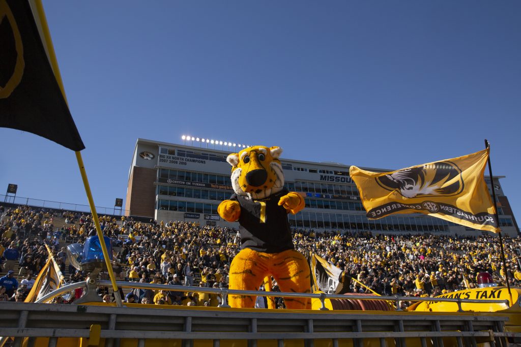 Truman Tiger and fans at Memorial Stadium