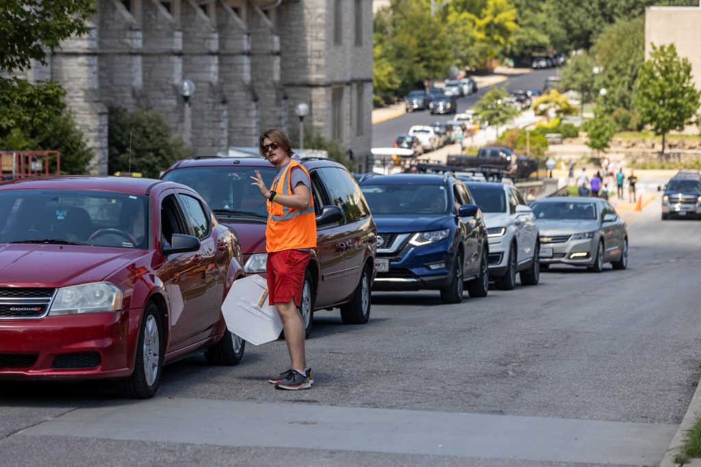 Parking attendant standing next to a row of cars