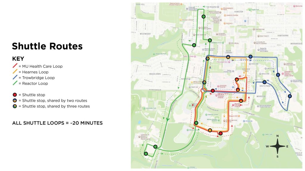 Map showing the four shuttle loops at Mizzou