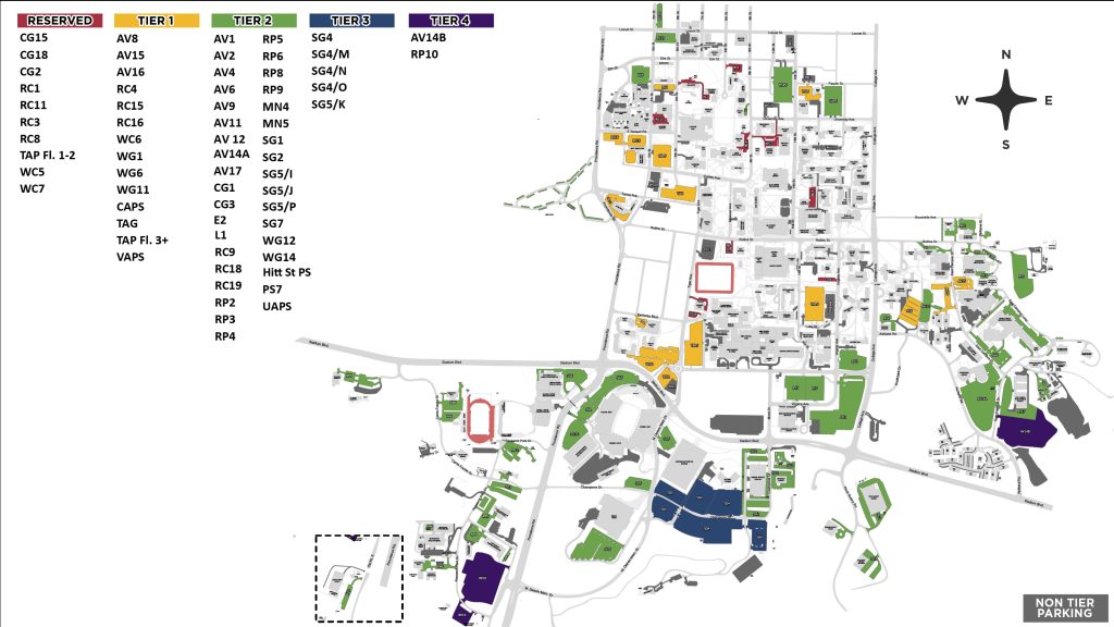 Map of parking tiers and parking locations at Mizzou