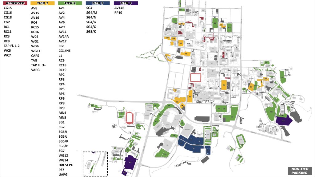 Map of campus color coded to show different parking location categories, labelled as "reserved" or as tiers 1-4.